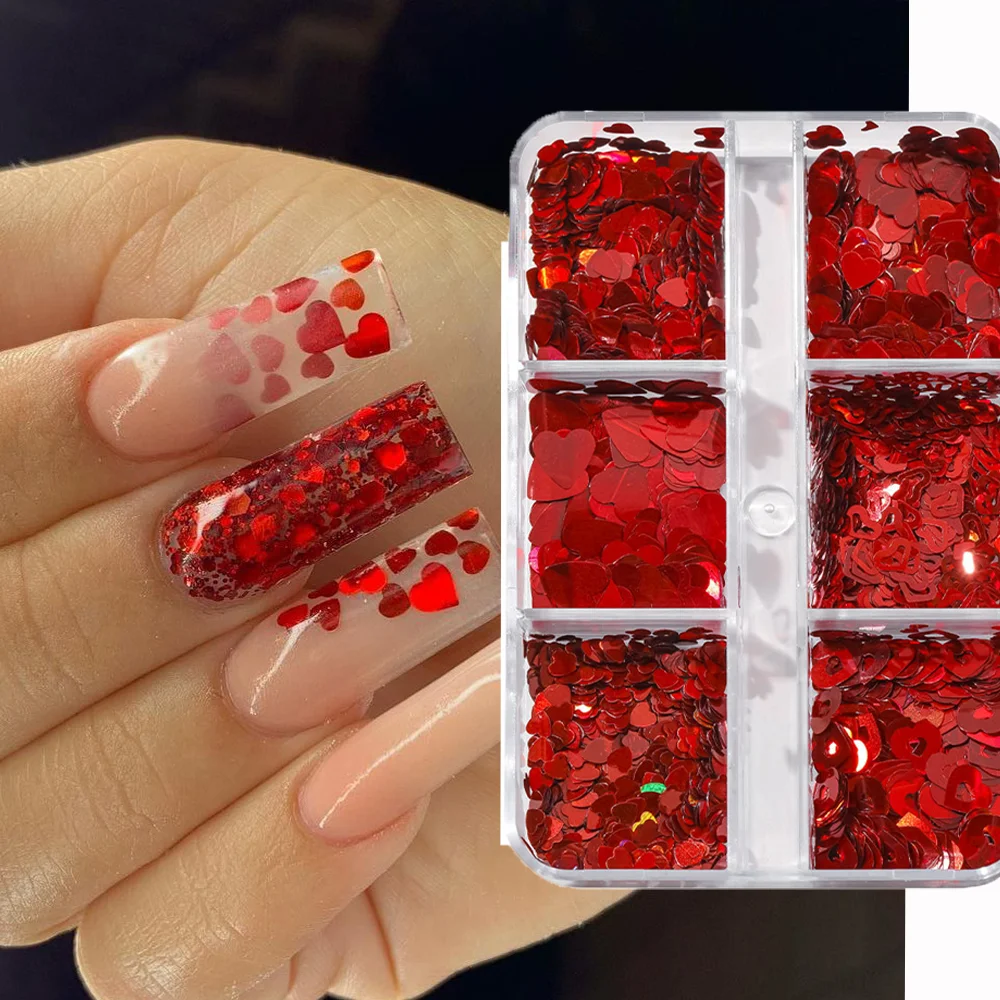 6/12Grids Red Love-Heart Nail Glitter Sequins Hollow Out Heart Nails Flakes for Valentine's Day Manicure Love Paillettes Decor P