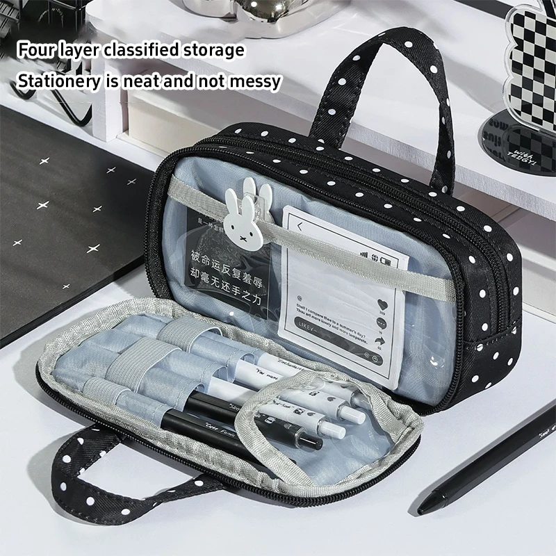 Plaid Polka Dot Lace Pencil Case Large Capacity Multi Compartment Lace Stationery Pouch Clear Itabag Handheld Lace Pen Bag