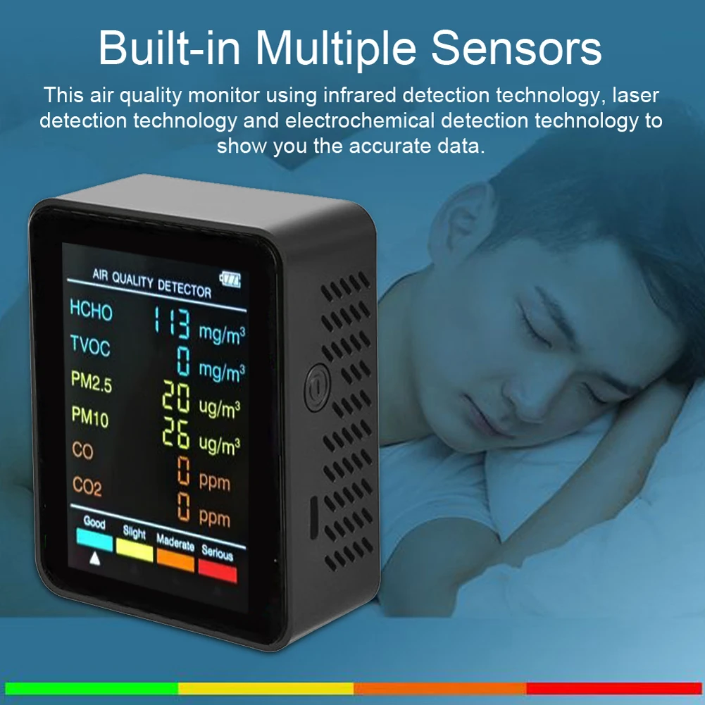 Detector de qualidade do ar para testar pm2.5/pm10/hcho/tvoc/anóxido de carbono/formaldeído 6 em 1 tela lcd multifuncional portátil