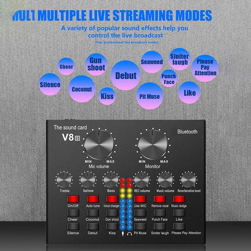 RISE-V8S لايف خارجي بلوتوث كارت الصوت الهاتف الذكي مغير الصوت 12 نوعا من المؤثرات الصوتية 4 تعديل للهاتف أندرويد IOS