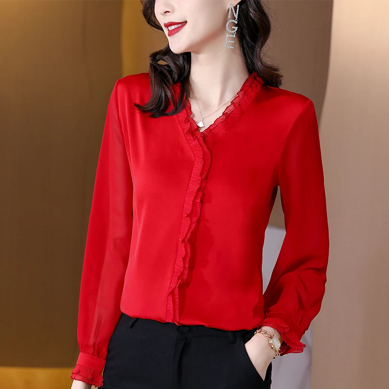 

Ele Long Sve Silk irt для женщин Hangzhou Sle Премиум шелковая деталь Топ прямого кроя Faionable Весенняя одежда