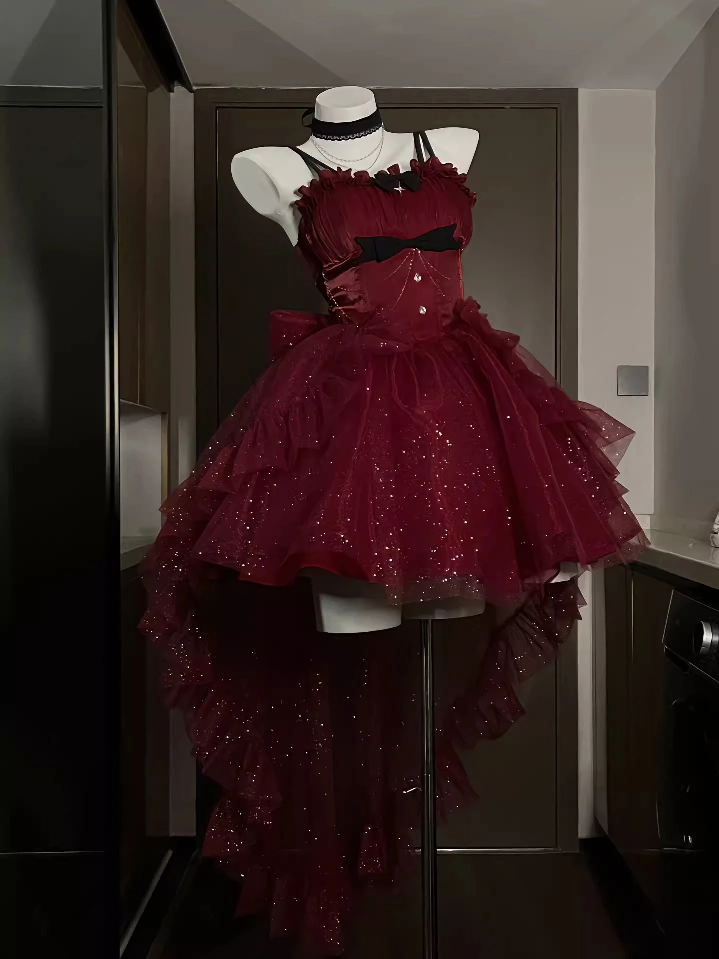 Robe Lolita Formelle Rouge Claire, PoinJupon Traînant Mince et Scintillant