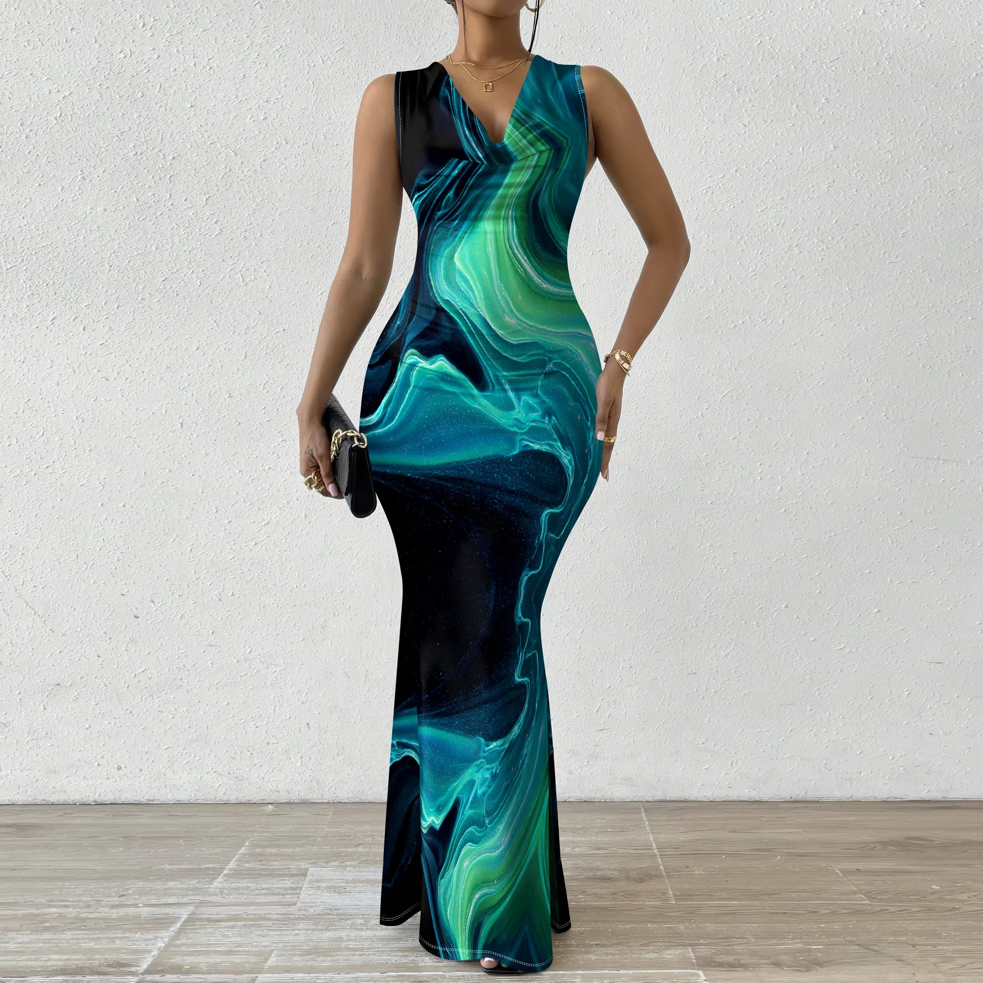 

Women's Abstract Fluid Art Print Bodycon Maxi Dress Sleeveless Cowl Neck Mermaid Party XS-2XL