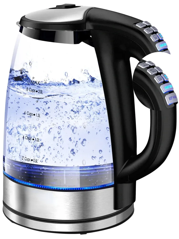 Электрический стеклянный чайник объемом 2,0 л, 2200 Вт с контролем температуры, 4 часа, сохраняет тепло, автоматическое отключение, защита от выкипания и сушки для триммера для кофе и чая