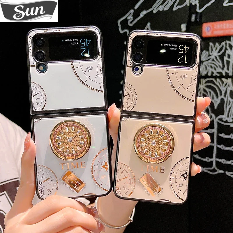 

Z Flip4 Роскошный 3D-часы со стразами, кольцо-кронштейн, чехол-подставка для телефона для Samsung Galaxy Z Flip 4, крышка из закаленного стекла с блестящими кристаллами
