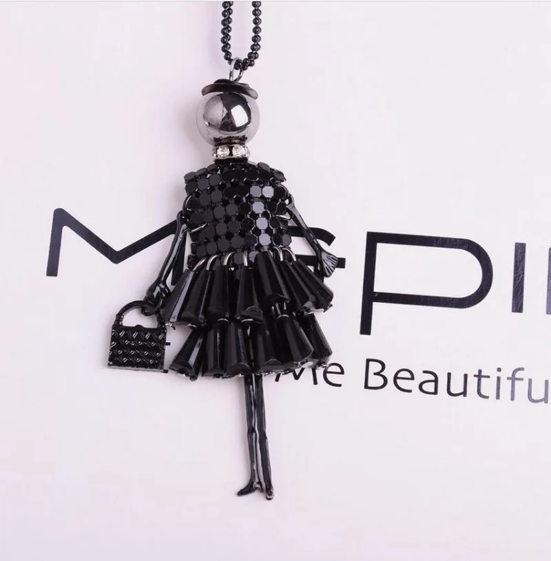 Trend Long Red Black Girl Doll Beads Pendant Necklace for Women Girl Exaggerate Crystal Tomentum Figure Necklace Jewelry Gift