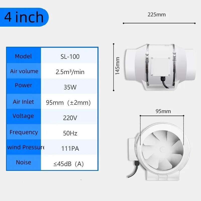 4inch 220V Exhaust Fans Home Silent Inline Pipe Duct Fan Bathroom Extractor Ventilation Kitchen Toilet Wall Air Clean Ventilator