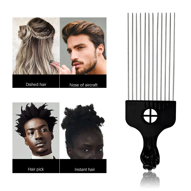 

African Fist CombBarbershop Brush Black Perm Pick HairComb Styling Steel Needle Comb Professioanl Mens Hairdressing Tools 6Style