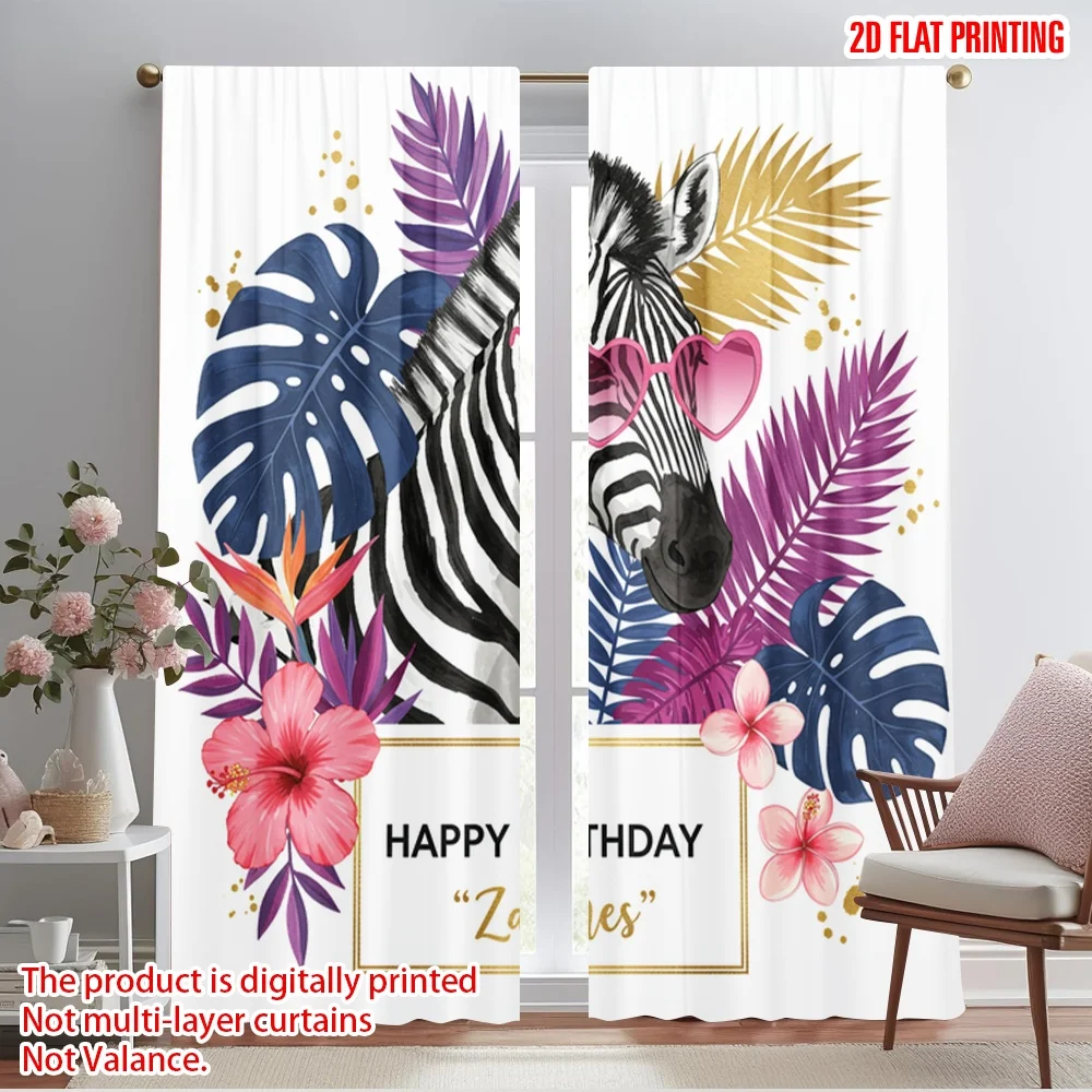 

2pcs 2D flat printing Window Curtains Zebra Tropical Birthday Party Fabric Without Electricity Festive Wall Decor Perfect for