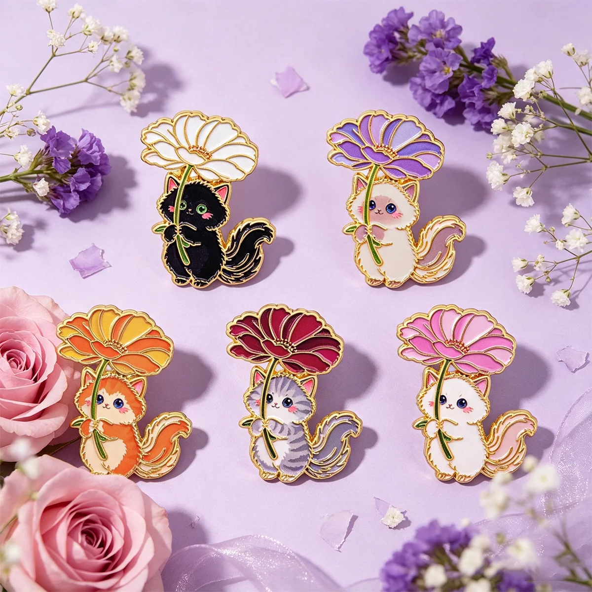 5-teiliges Set Niedliche Katzen-Broschen für Damen, Vintage-Blumen-Emaille-Pins, Cartoon-Tier-Schmuck, Modisches Abzeichen, Geschenk-Accessoires