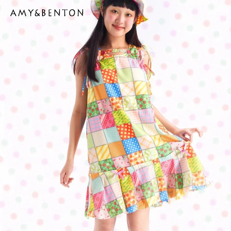 

Japanese Original Design Colorful Fruit Plaid Splicing Women's Dress 2026 Summer New Sweet Cute Bud Sleeveless Dresses Ladies