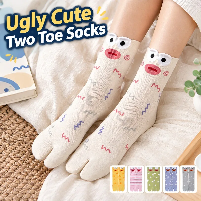 Funny Split Toe Socks Two-toe Clownfish Mid Calf Socks Anti-odor Sweat Absorbent Cute Ugly Fun Two Finger Socks for Daily