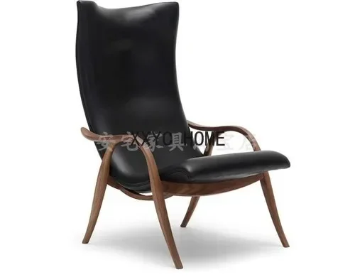 Modern Fashion Simple Single High Backrest Curved Leisure Chair Creative Solid Wood Leather Recliner