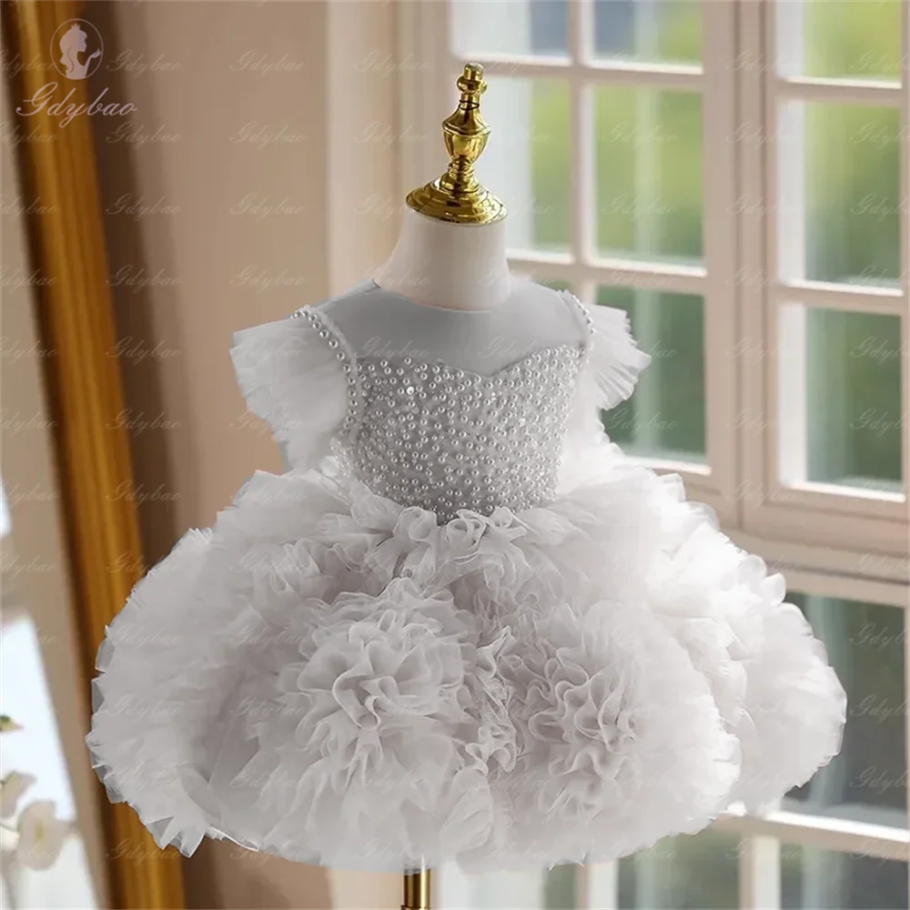 Princess Formal White Dress Girls Birthday Party Puffy  Performance Pageant Banquet Wedding Shooting Communion Gown