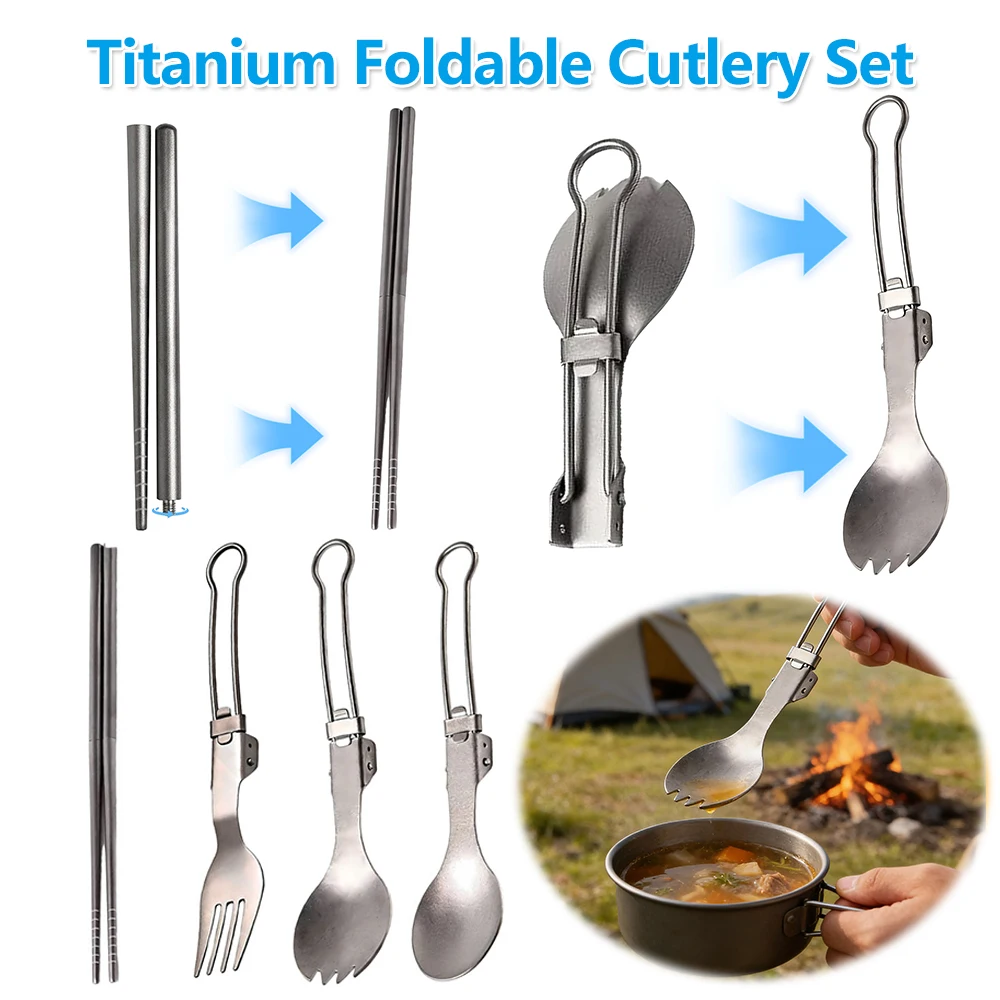 Titanium Foldable Cutlery Set Ultralight Pure Titanium Spork Set High Temperature Resistant for Camping Hiking Picnic Travel