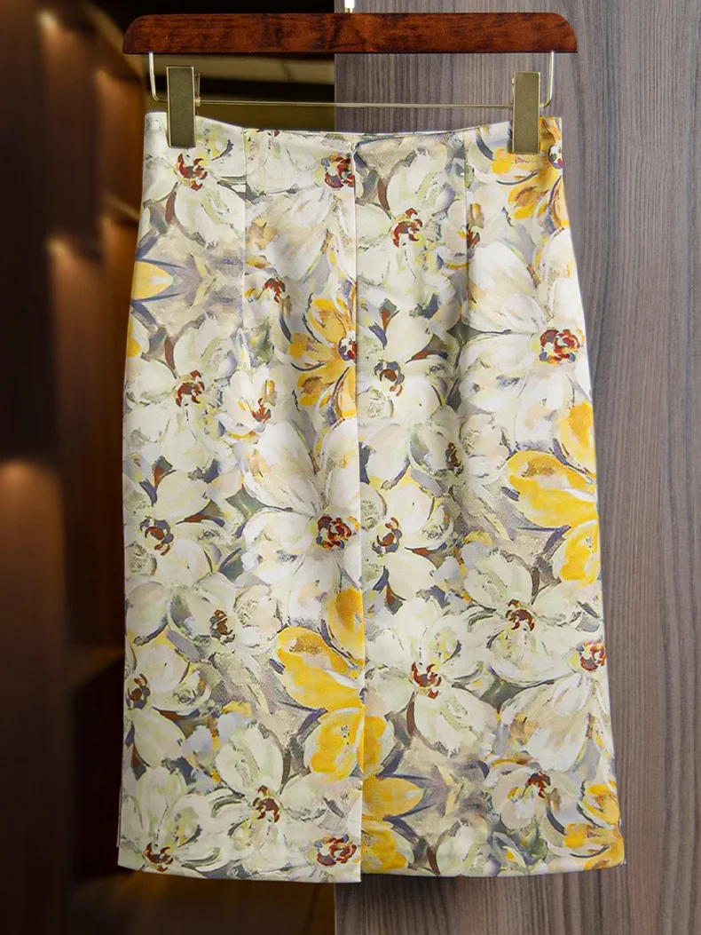 Spring Summer Women High Waisted Yellow Floral Pattern Slim Pencil Skirt , Woman Fashion Elegant Slim Knee Length Flower Skirts