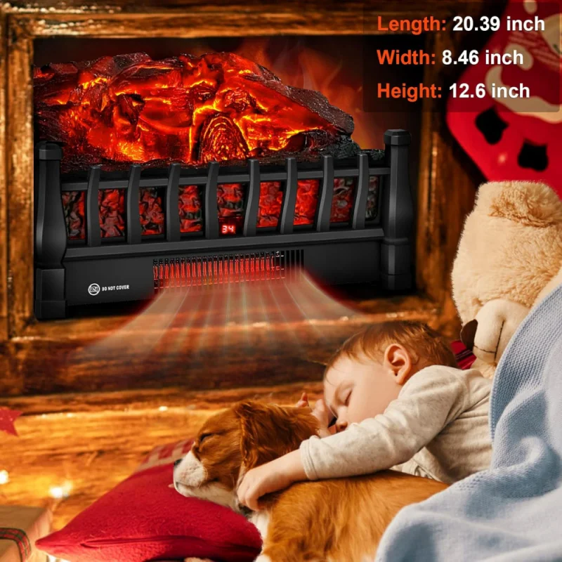 Electric Fireplace Logs Inserts Heater with Infrared Remote Controller 5 Flame Brightness 24 H Timer Overheating Protection