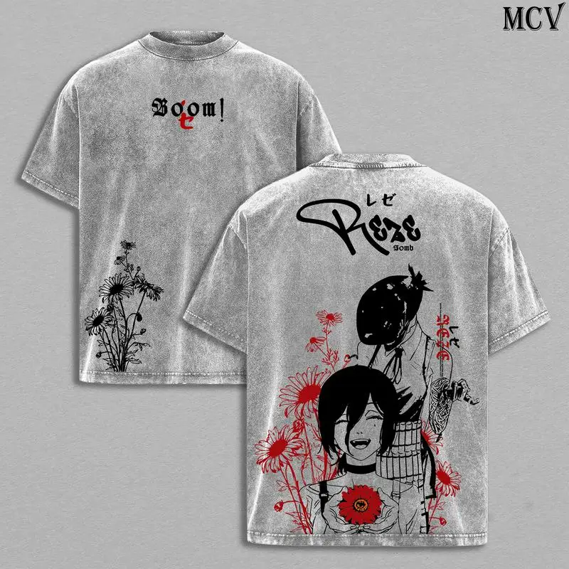 

Reze Chainsaw Man Tee – Vintage Washed Oversized Heavy Cotton T-Shirt, Women Cosplay Style, Movie Inspired Anime Manga Streetwea