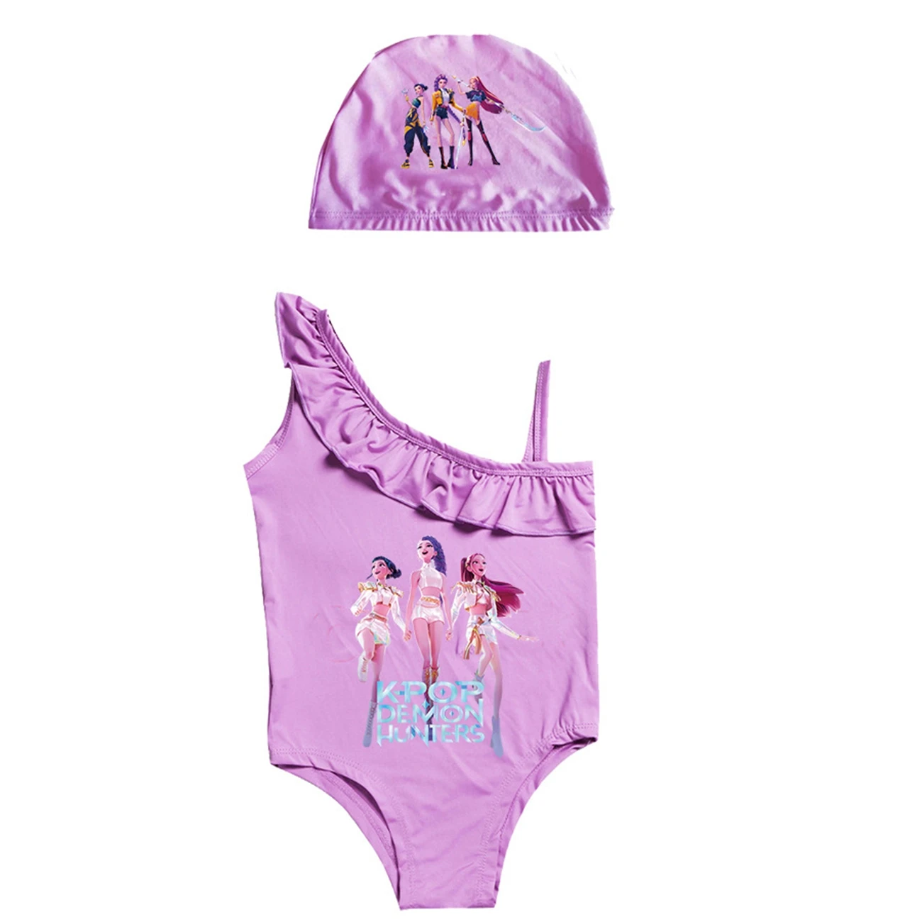 

KPop Demon Hunters Toddler Girls Swimwear 2pcs Set - One Piece Beach Wear Swimming Suit with Cap Cartoon Kids' Beach Outfit