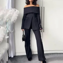 Women Slash Neck Off Shoulder Solid Blazer High Waisted Casual Pant Suits Office Ladies Two Piece Sets Womens Outifits