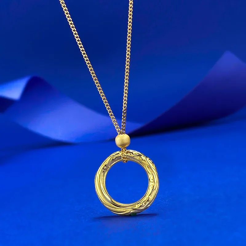 

New S925 Silver Qiankun Circle Green Diamond Golden Necklace Ancient Method Of Craftsmanship Delicate Texture Retro Jewelry