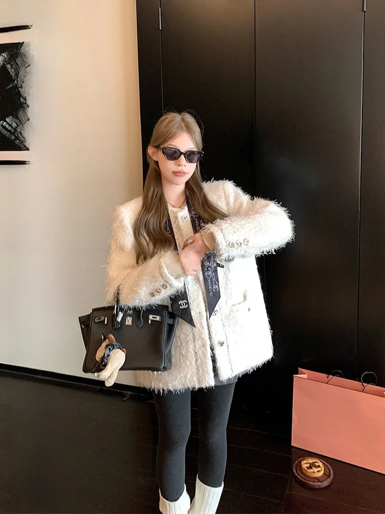 

LUU Peony Happy White oulder Шерстяная длинная све круглая Ne Design Sensation Small ence Женская осенне-зимняя куртка