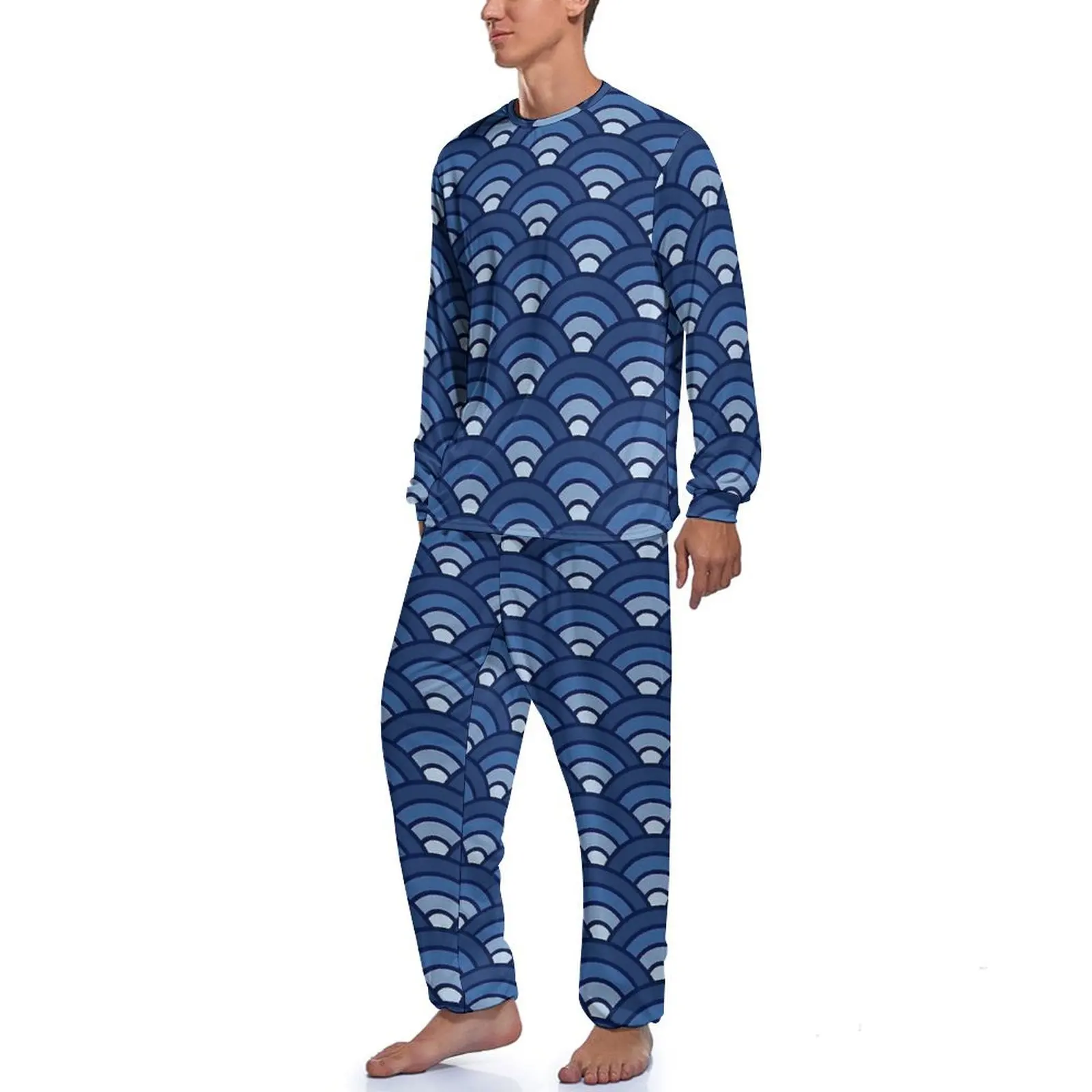 Navy Blue Japanese Seigaiha Pajamas Male  Cute Sleepwear Spring Long Sleeve 2 Pieces Leisure Graphic Pajamas Set