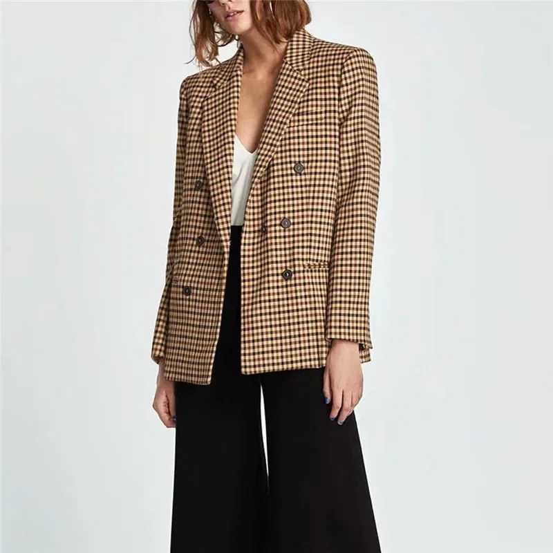 Vintage Bouble Breasted Plaid Women Blazer Pockets Jackets Female Retro Suits Coat Feminino blazers Outerwear high quality