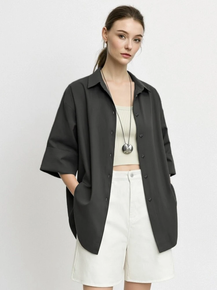 

Amii Women's Shirt 2026 Summer New Cotton Lapel Collar 3/4 Sleeve Blouse Simple Office Casual Tunic Shirt For Woman 12612038