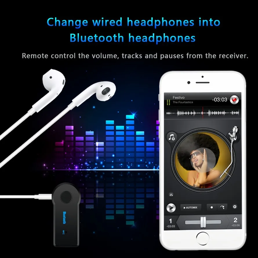 Adattatore Bluetooth AUX per auricolari per auto Altoparlanti Ricevitore audio Bluetooth wireless Chiamata in vivavoce Kit per auto con AUX 3,5 mm