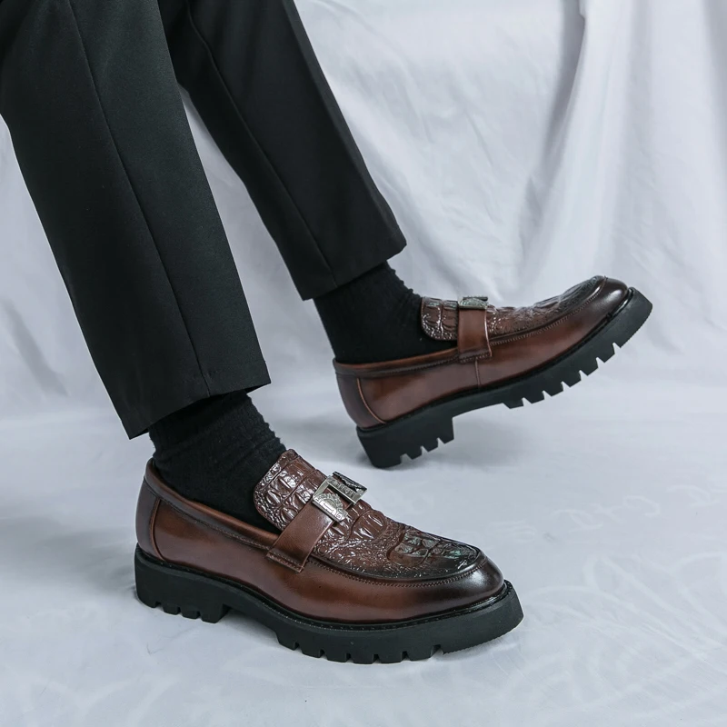 2025 S/A New British Street Style Leather Loafers For Men\'s White Black Hombre Dress Casual Height Increasing Shoes Lager Size
