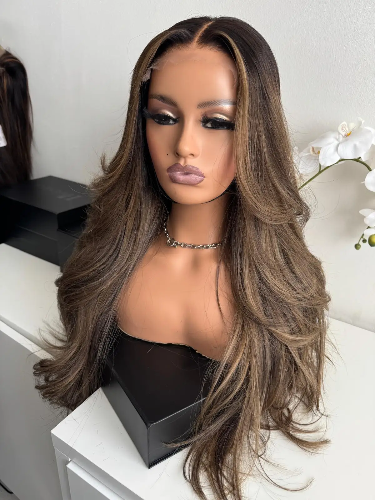 Soft 26 Inches Dark Chestnut Brown Highlights Synthetic Lace Front Wigs Original Factory New Style Cheap Wigs On Clearance Sale