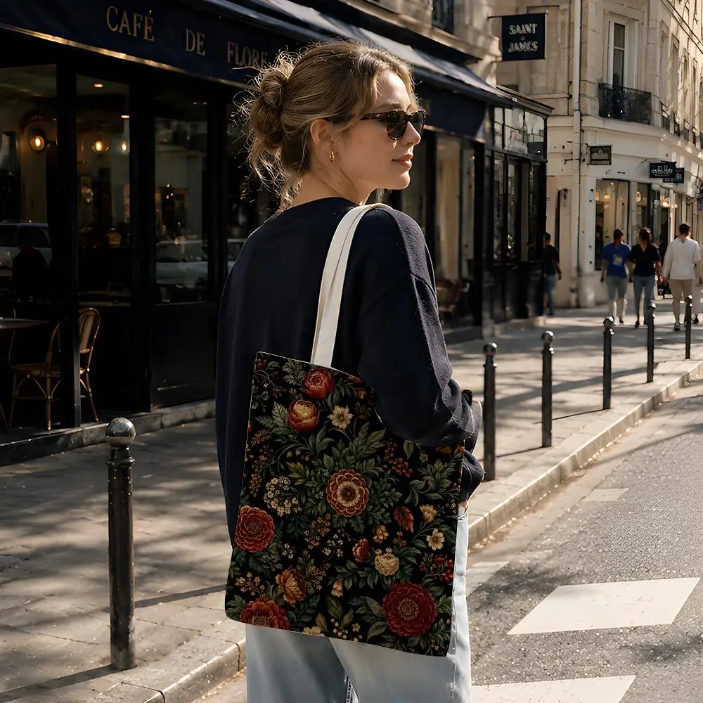 Art Vintage F-Floral Oil Painting Black Storage Bags Reusable Canvas Tote Suitable for School Class Commuting Shopping as Gifts