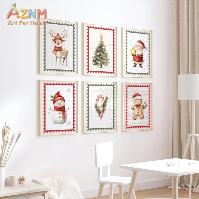 Christmas Wall Prints Cute Santa Reindeer Snowman Gingerbread Man Xmas Festive Poster Unframed Canvas Wall Art for Home Decor