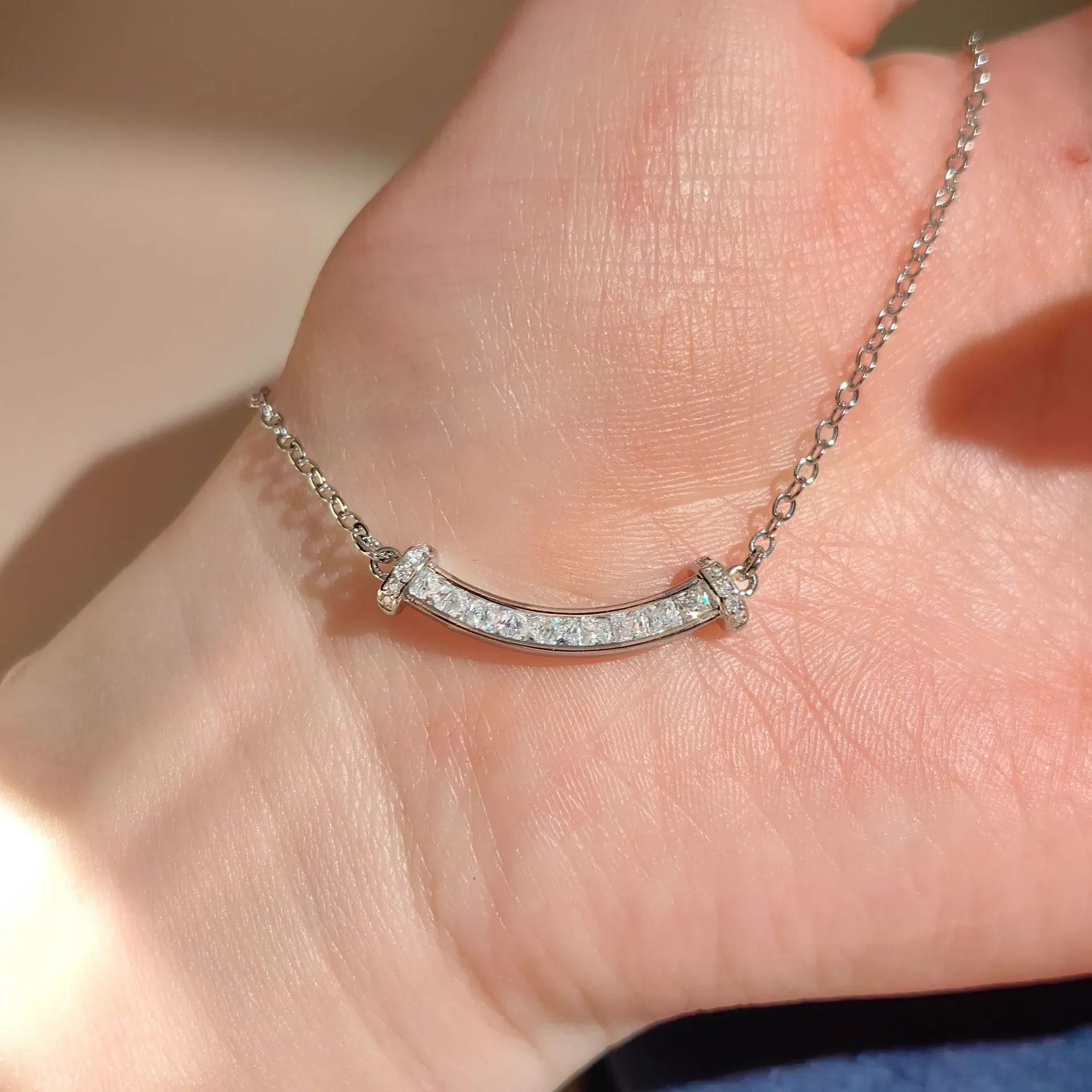 S925 Sterling Silver Necklace Group Set Featuring T Square Diamond Smile Necklace Niche Stylish Collarbone Chain For Daily Wear