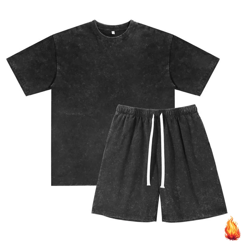 Unisex Loose Washed Cotton Set Tee & Drawstring Shorts Soft Breathable Quick Dry Casual Outfit Customizable