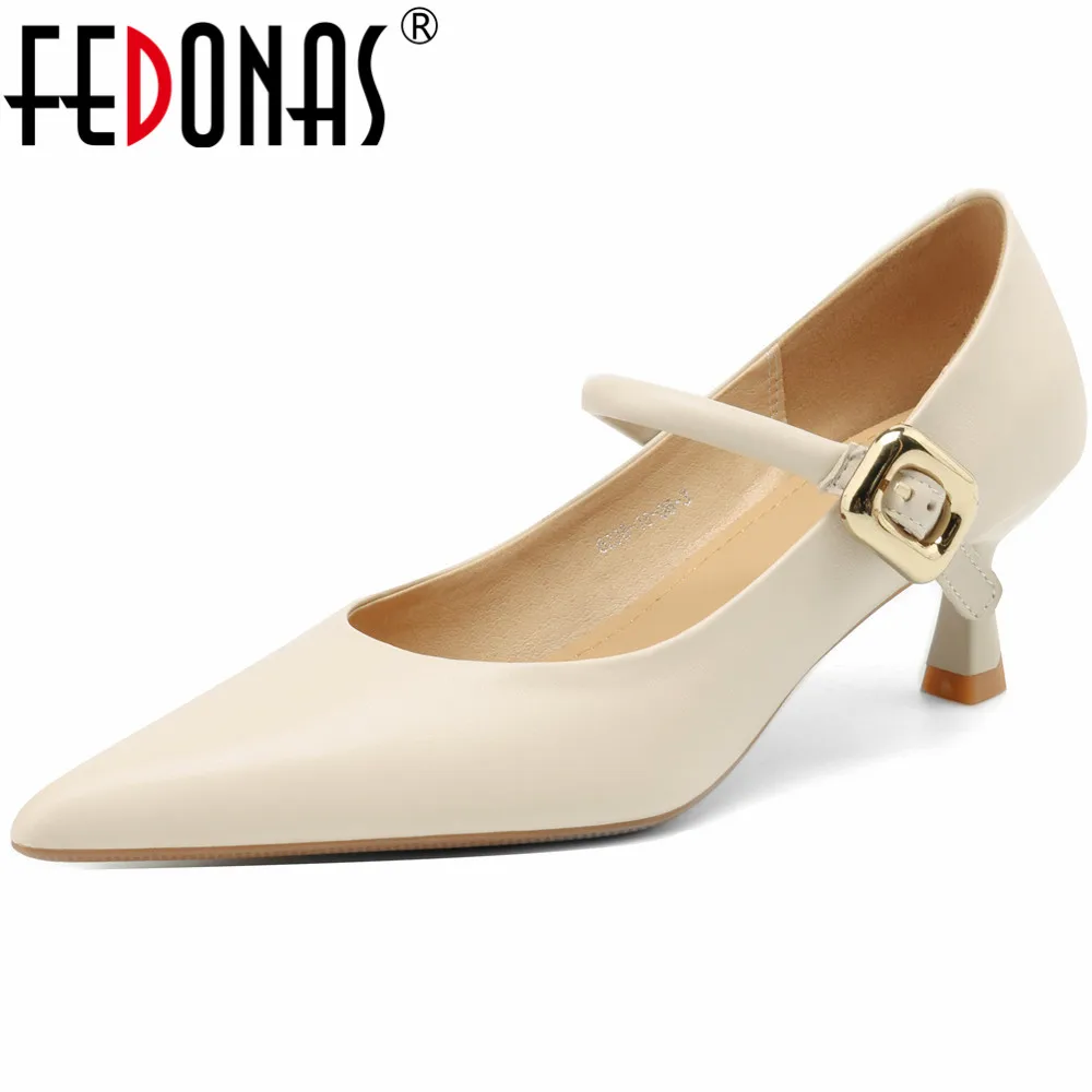 FEDONAS Elegant Women Pumps Thin High Heels Pointed Toe Office Lady Buckle Strap Shoes Woman Genuine Leather Pumps Spring Summer