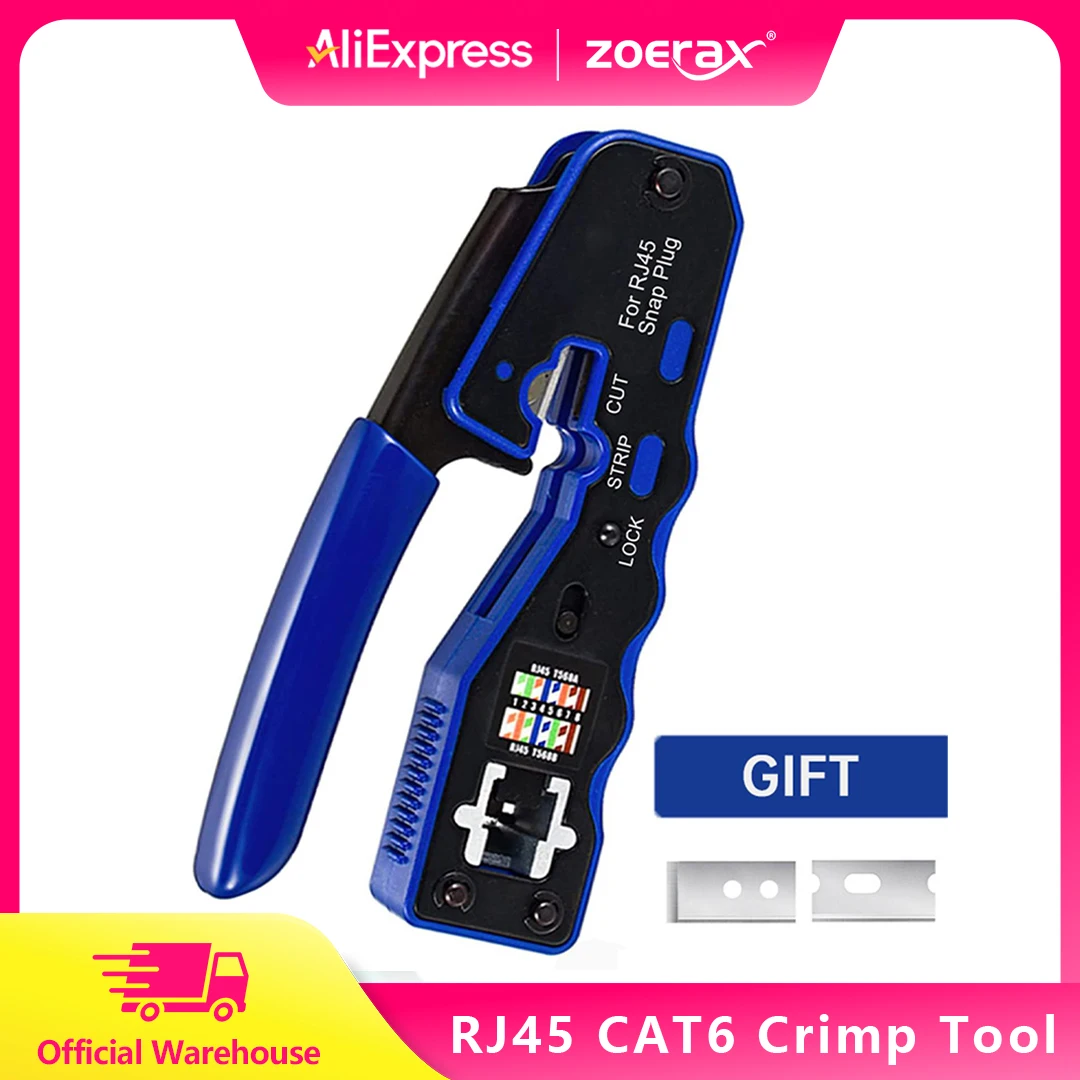 

Обжимной инструмент ZoeRax RJ45 Cat6, сквозной щипцы с функцией резки и зачистки проводов, включая сменное лезвие