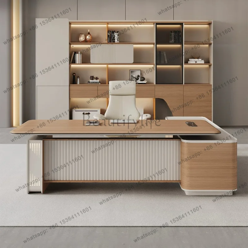 Modern Motorized Sit-Stand Manager Workstation Two-Tone Wood Grain Large Executive Writing Desk with Built-In Wireless Charging