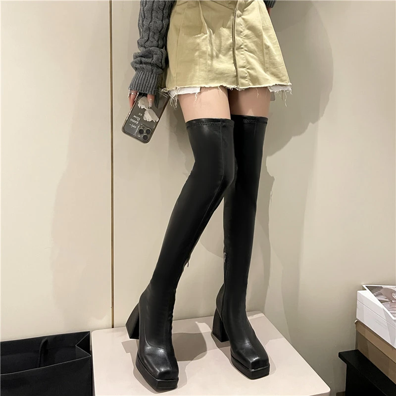 Thigh High Boots Women Over-the-knee High Heels Boots Platform Shoes Chunky Heels Moccasin Black Luxury Designer Elegant Trend