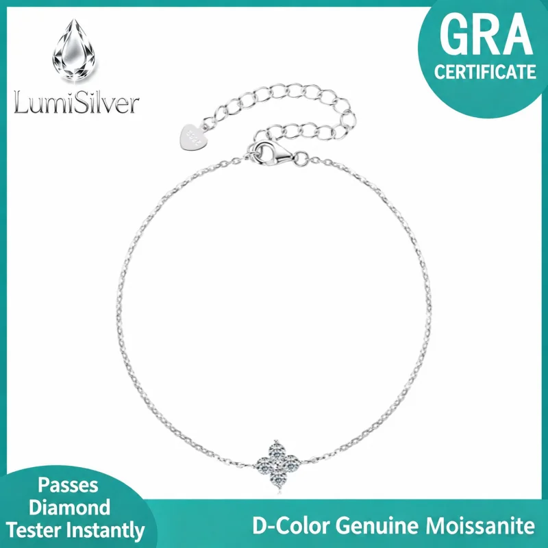Four Leaf Clover Moissanite Bracelet 925 Sterling Silver Dainty Adjustable Lucky Jewelry Gift for Women