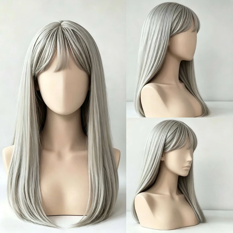 26-Inch Silver-Grey Straight Long Synthetic Wig Suitable for Thick Bangs Women Silky Texture Harajuku Gothic Style