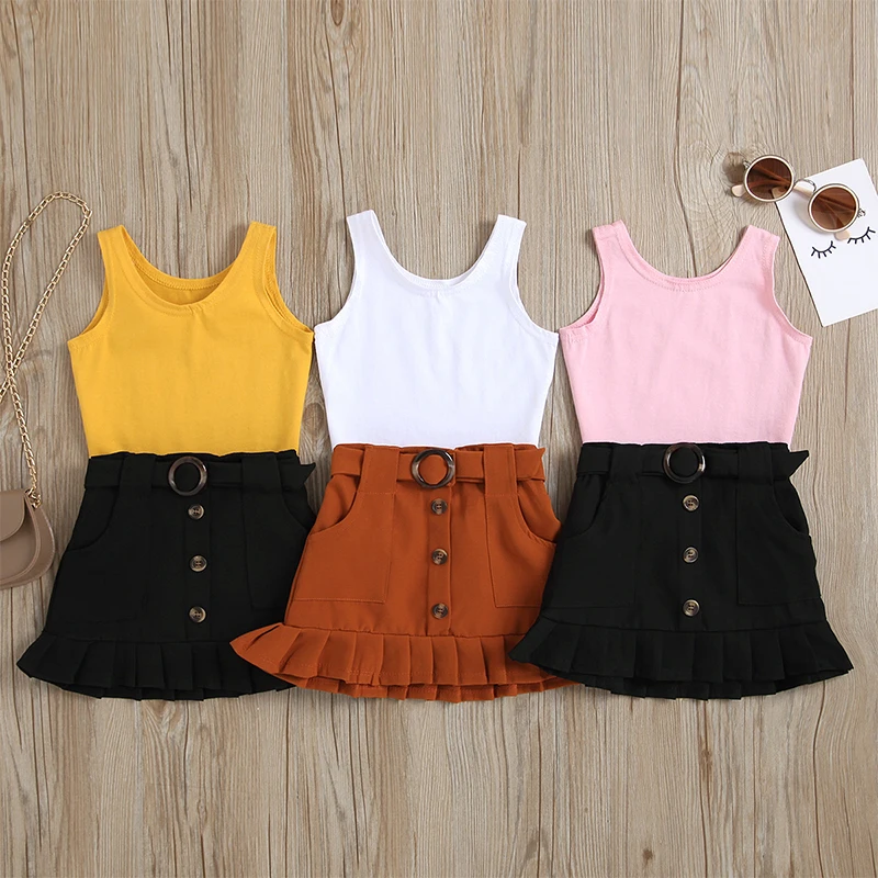 0-3Y Fashion Toddler Kids Baby Girls Clothes Sets Solid Sleeveless Bodysuit Tops Yellow Pleated Skirts Summer Outfit Set