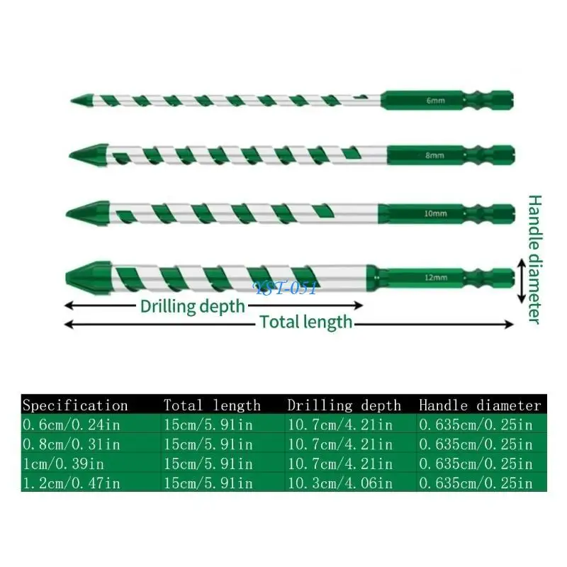 E15A 고강도 베벨 특수 편심 트위스트 드릴 비트 세트 돌/유리/대리석/타일 6/8/10/12mm 용 4Pcs 비트 세트