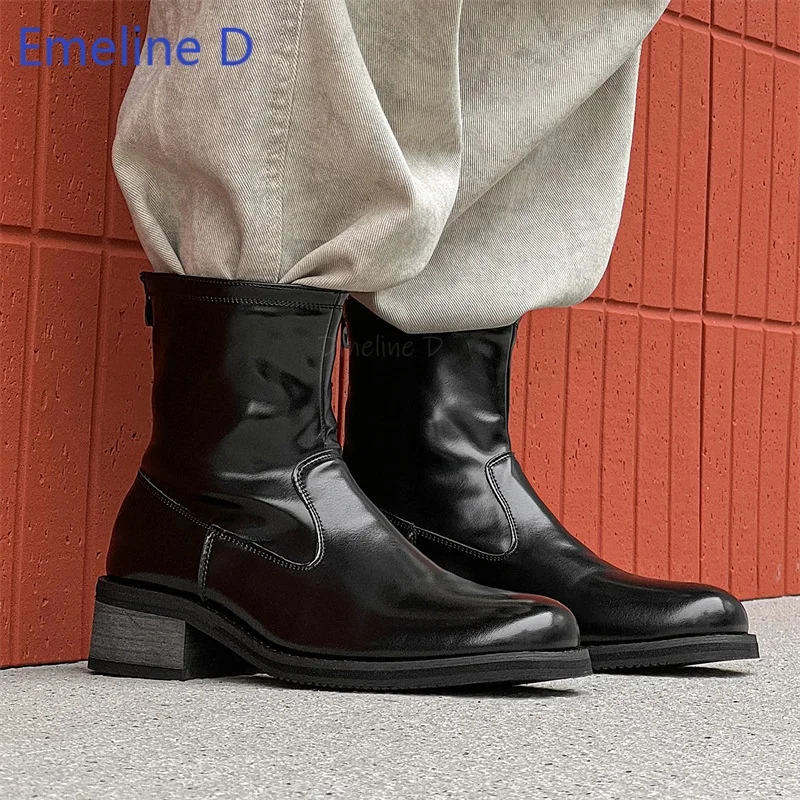 Men Ankle Boots Vintage Wrinkle Surface Square Toe Block Heel Rear Zipper Thick Platform Sole Streetwear Western Short Boots