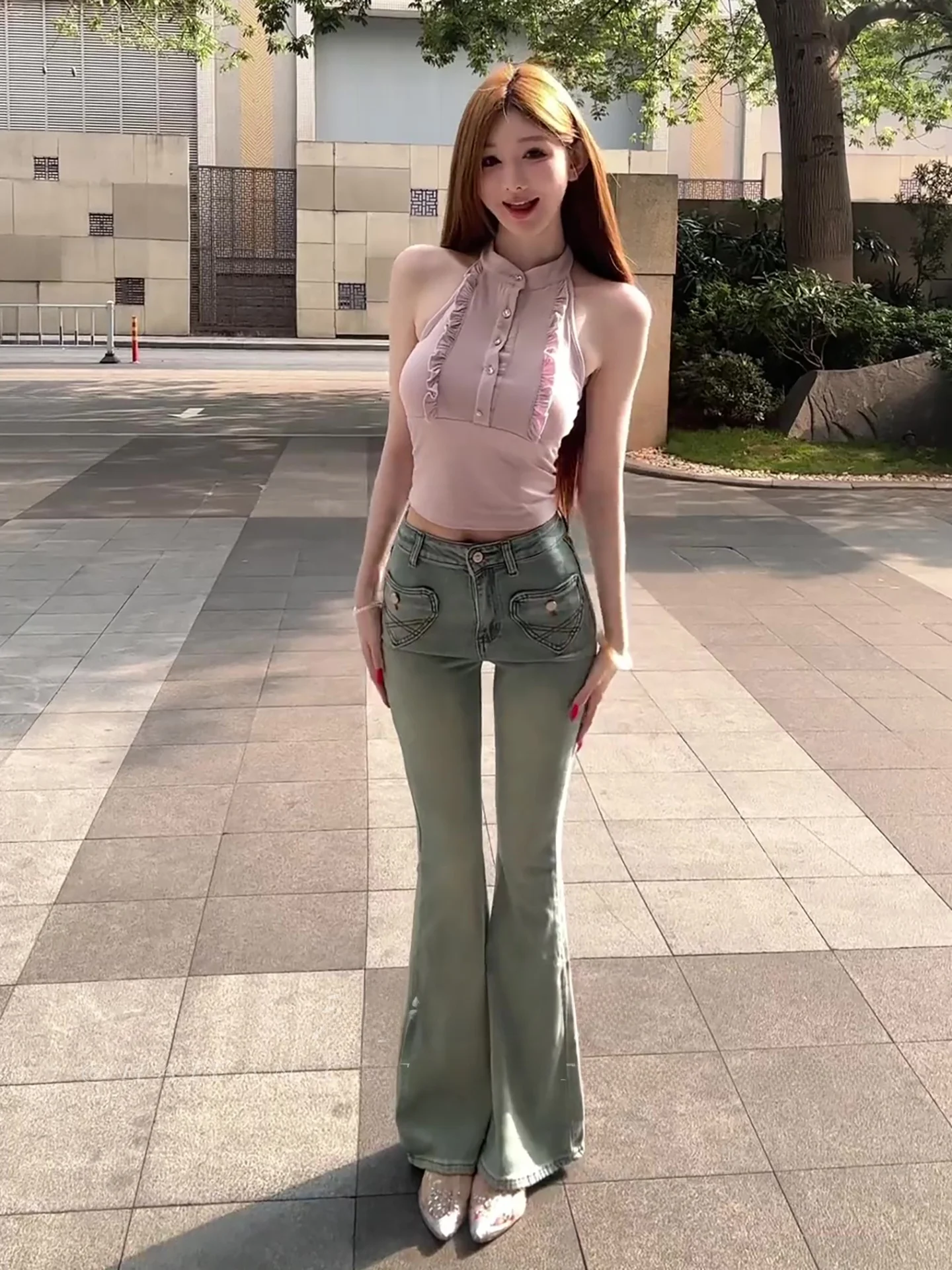 

American Hot Girl Style Flared Denim Jeans Women's Design Sense Heart Pocket Beautiful Hip Tightening Slimming Floor-Length P...