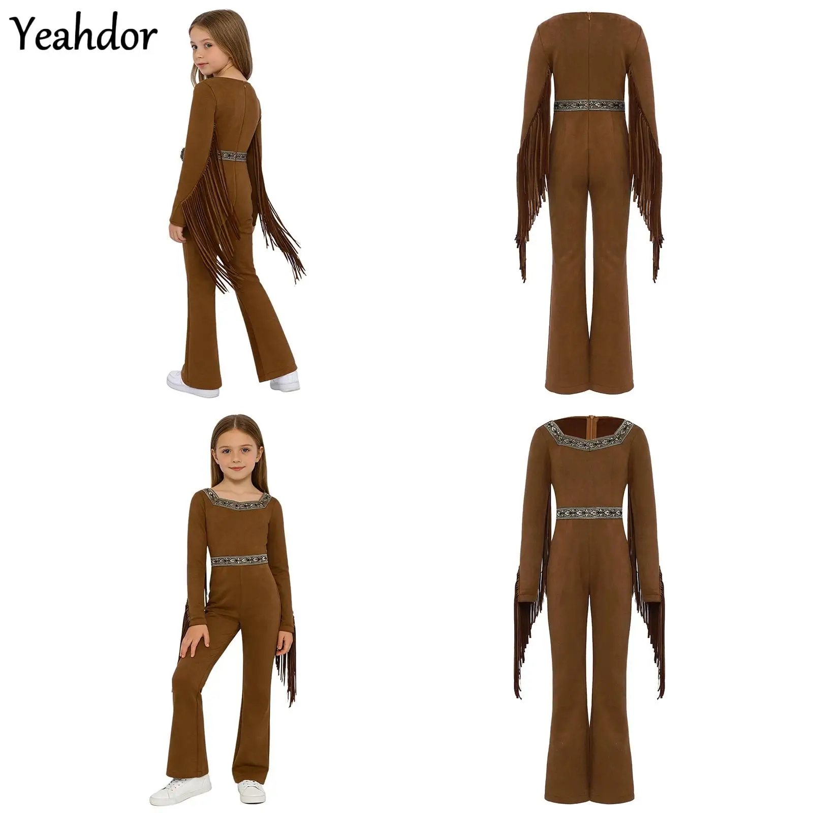 

Girls Indians Princess Indian Indigenous Costume Native Caveman Savage Outfit Unique Pattern Fringed Long Sleeve Zipper Jumpsuit
