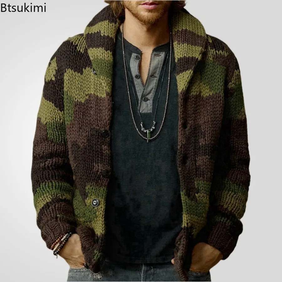 Fashion New Men's Camouflage Casual Jacquard Sweater Coats 2024 Autumn Winter Lapel Knitted Cardigan Male Slim Wool Woven Jacket