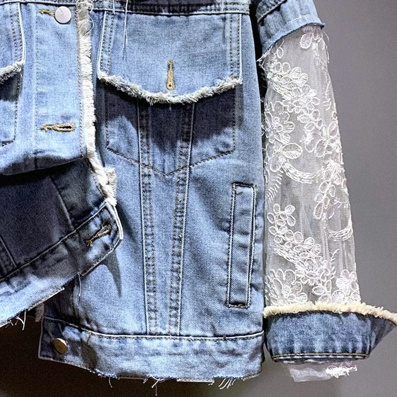 Harajuku Vintage Lace Hook Flower Splicing Frayed Hole Jeans Jacket Autumn Casual Lapel Long Sleeve Light Blue Denim Jacket Coat