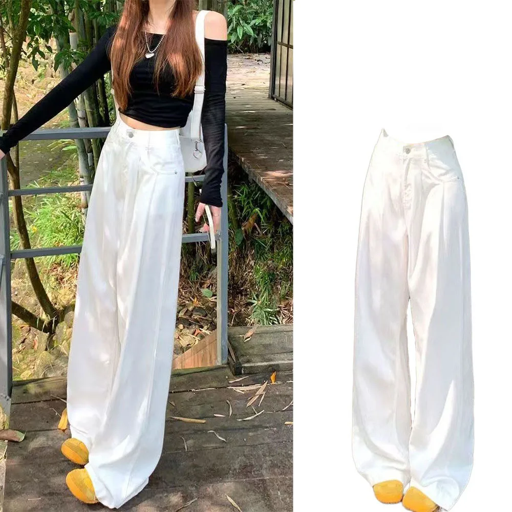 Witte wijde pijpen denim jeans dames herfst winter nieuwe losse slanke casual broek hoge taille rechte gevouwen veelzijdige lange broek
